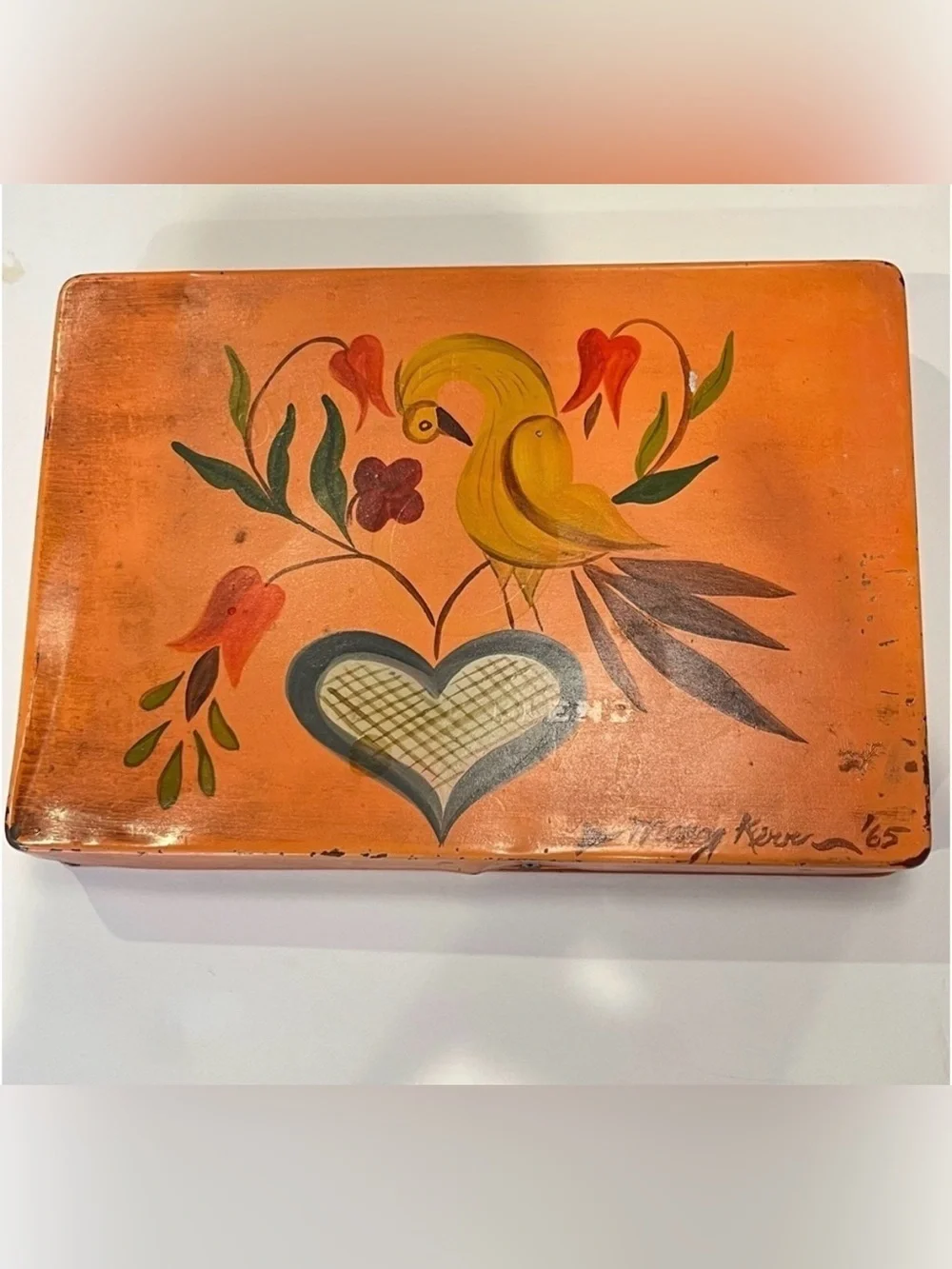 Vintage Trinket Box Hinged Lid Hand Painted Bird Signed 1965 Peach Yellow Green